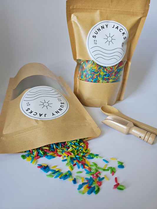 Rainbow Sensory Rice - with wooden mini spoon and scoop