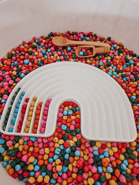 Sensory Rainbow chickpeas - with wooden spoon and scoop