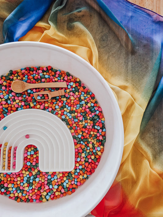 Sensory Rainbow chickpeas - with wooden spoon and scoop