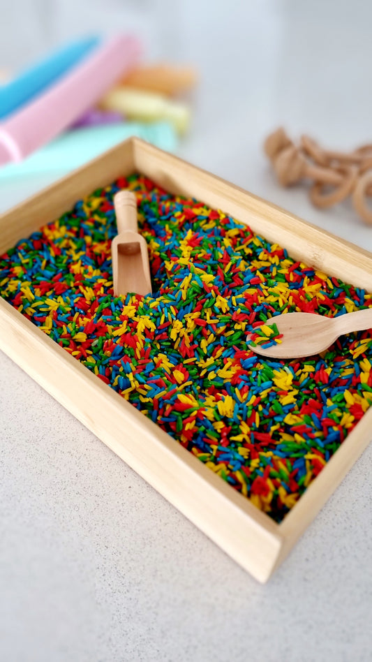 Rainbow Sensory Rice - with wooden mini spoon and scoop